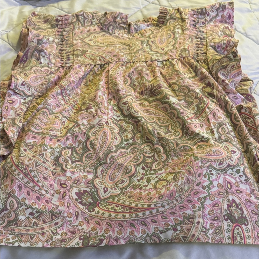 Cupio Pink and Olive Paisley Ruffled Neck Blouse
